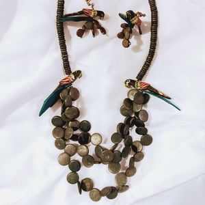 Super Fun Wood carved parrot necklace and earrings set.